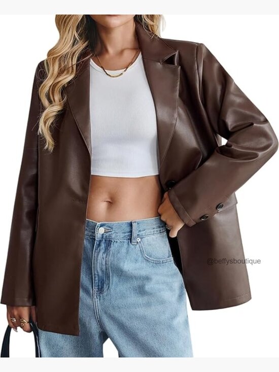 Jackets & Blazers - Oversized Faux Leather Bomber Blazer Jacket Button Down Lapel Coat